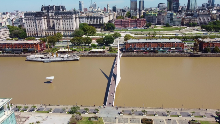 Buenos Aires, Argentina: Aerial drone footage of Buenos Aires downtown district with the Casa Rosada, the Pink House, along the puerto madero harbor in Argentina capital. Shot with a tilt up motion