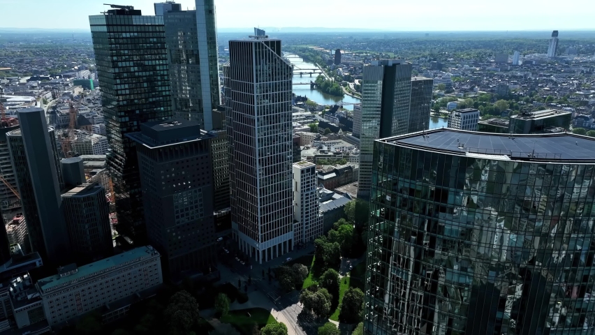 Drone flight over the Main river in the financial city Frankfurt (3) Royalty-Free Stock Footage #1091534711