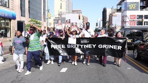 NEW YORK, N.Y. – June 20, 2022: Demonstrators march in Harlem to urge the United States government to prioritize efforts to get WNBA player Brittney Griner released from Russian detention.