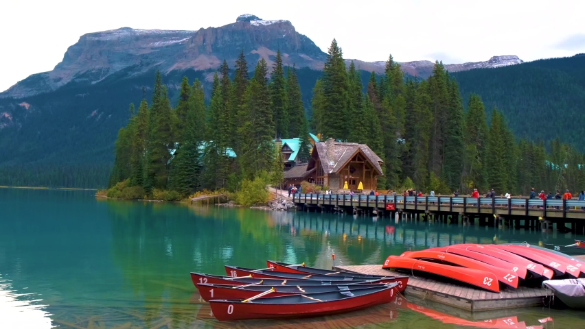 Emerald Lake, Yoho National Park in Canada, Emerald Lake and Tea House, Near Field, British Columbia, Yoho National Park, Canada Mount Burgess can be seen reflected into the water. Canada
