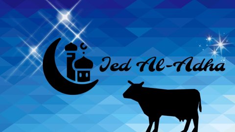 Eid Al Adha calligraphy silhouette with a cow on a blue background