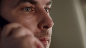 Stressed man calling cell in jet closeup. Nervous businessman on business travel solving problems. Confident boss looking airplane window having cellular connection issues. Male professional concept. - Powered by Shutterstock - Get 15% off with code: PIKWIZARD15