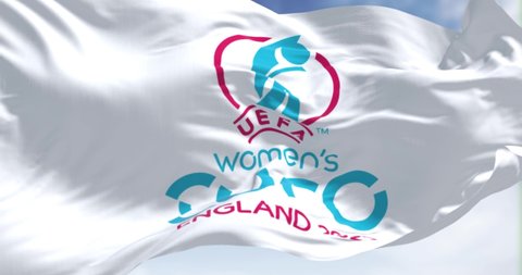 London, UK, May 2022: The flag of the UEFA European Women Football Championship Euro 2022 flying in the wind. Women Euro 2022 will take place in England from 6 to 31 July