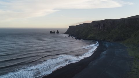 Establishing Aerial View Shot of scenic Reynisdrangar, Iceland