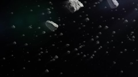 Seamless loop video. Сomet collision. Asteroid belt. Swarm of asteroids with volumetric light ray in deep space. Concept: cosmos, explosion, astronomy, galaxy. 3d space banner 4k HD stock footage