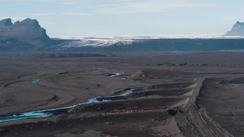 Establishing Aerial View Shot of Moon like View, melting glacier, mountains, Iceland