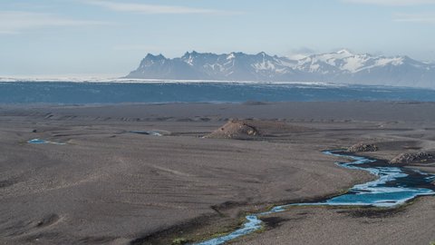 Establishing Aerial View Shot of Moon like View, melting glacier, mountains, Iceland