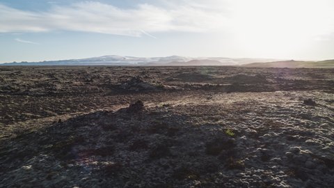 Establishing Aerial View Shot of Icelandic desert, rock formations and mountains, Iceland
