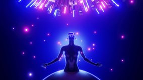 Enter the metaverse concept. Woman in VR glasses looks up in cybercity. 3d render. - Powered by Shutterstock - Get 15% off with code: PIKWIZARD15