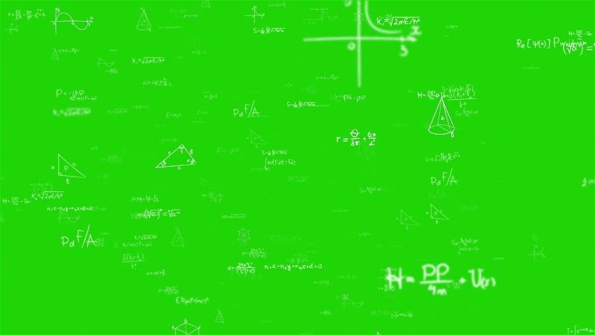 Camera flies Through matrix made of white Math and Equation on Greenscreen Alpha Background. Handwritten geometrical figures, calculations and Mathematical analysis. Cognitive process. Seamless loop Royalty-Free Stock Footage #1091568217