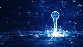 Data code connection technology concept to protect cybersecurity. There is a prominent key on the right, connecting the polygons with binary code and slow moving small icons on a dark blue background. - Powered by Shutterstock - Get 15% off with code: PIKWIZARD15