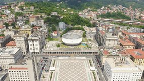 Inscription on video. La Spezia, Italy. Cathedral of Christ the King. City view. Text from small balls, Aerial View