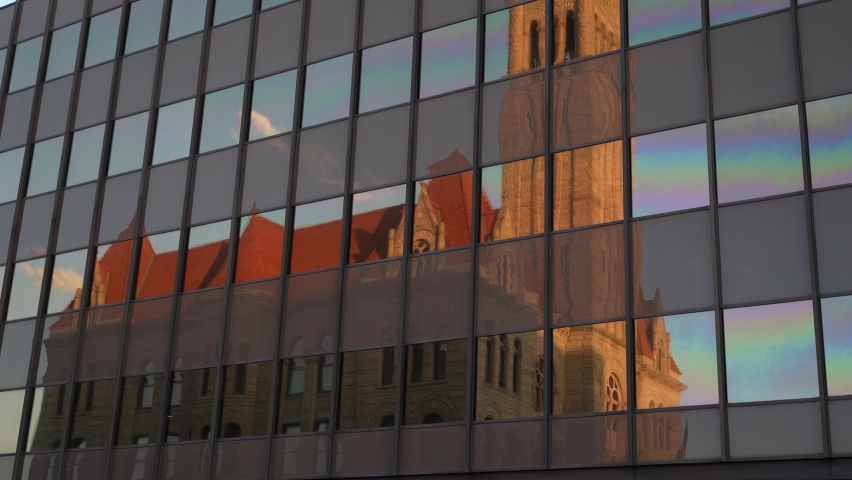 Reflection of historic Wood County courthouse in Parkersburg, West Virginia, WV.
