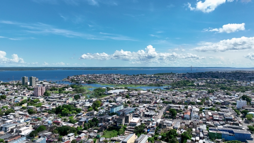 Downtown Manaus Brazil. Capital city of Amazonas State near Amazon river and Amazon forest. Tropical destination. Tropical travel. Tourism landmark. Outdoors urban scenery downtown Manaus Brazil.