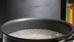 This slow motion video shows a side view of a boiling pot of water as macaroni noodles are poured in.