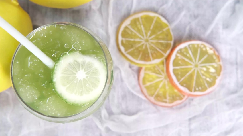top view of fresh lime juice on table 