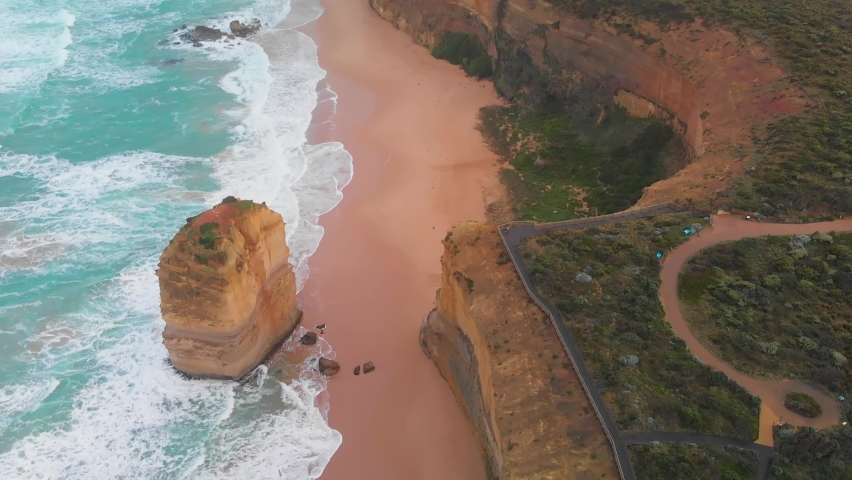 Overhead downward aerial view of The Twelve Apostles along Great Ocean Road in Victoria, Australia. Drone viewpoint