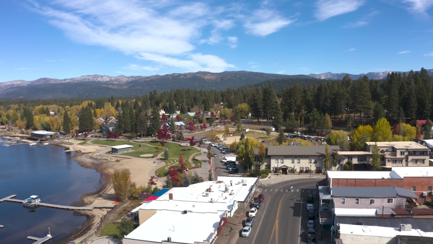 Establishing aerial shot of the main street drag in McCall, Idaho.
