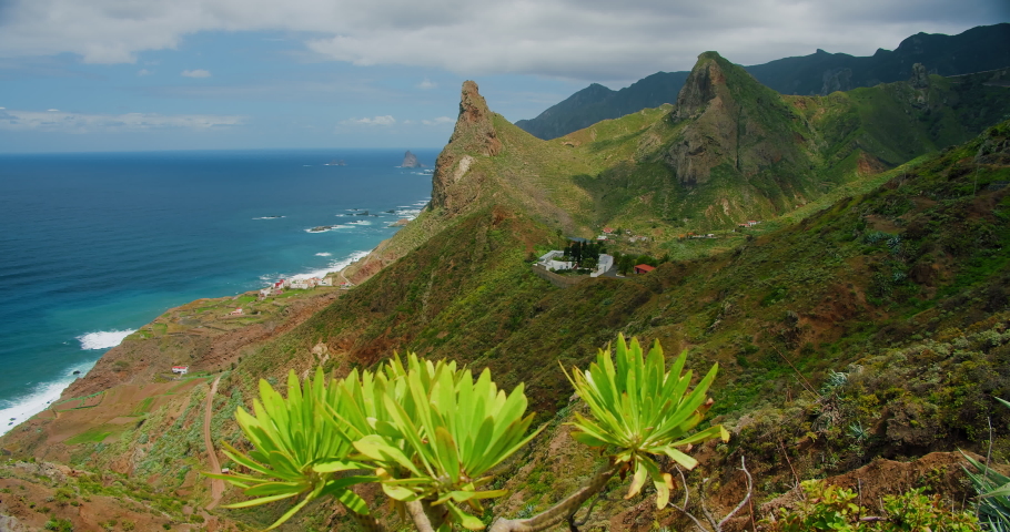 Green landscape north Tenerife. View of the Atlantic coast, tropical spring vegetation and rocks in the water. Roques de Anaga. Canary islands, Spain.