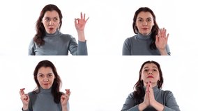 Collage of video footages, concept of gestures and various emotions. Charming brunette woman shows and expresses emotions and gestures on a white background. Sign language and emotion concept.