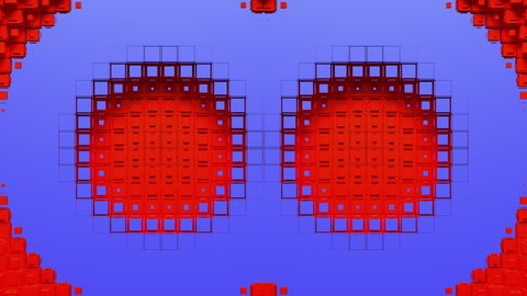 Red voxels form two circular holes and blue rings which diverge from the center of screen. Abstraction on green chroma key, 3D animated intro.