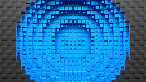 Blue voxels cut out of carbon screen to form circular hole reveal green chroma key and transparent background. Abstract 3D animated intro. Alpha channel ProRes 4444 in 4k UHD included, color id.