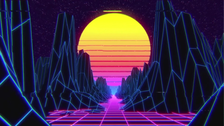 Beautiful 80s retro background loop animation. Retrowave horizon ...