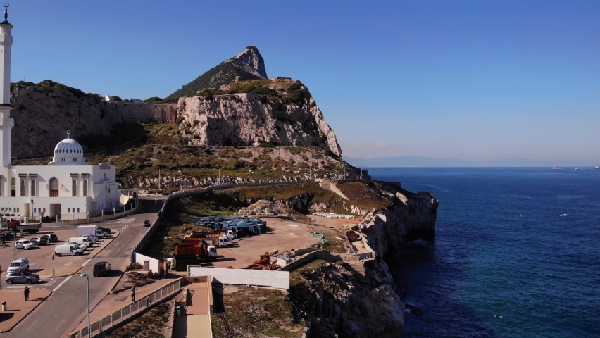 Drone Revealing Shot Of Engineer Promenade Overlooking Strait In Gibraltar