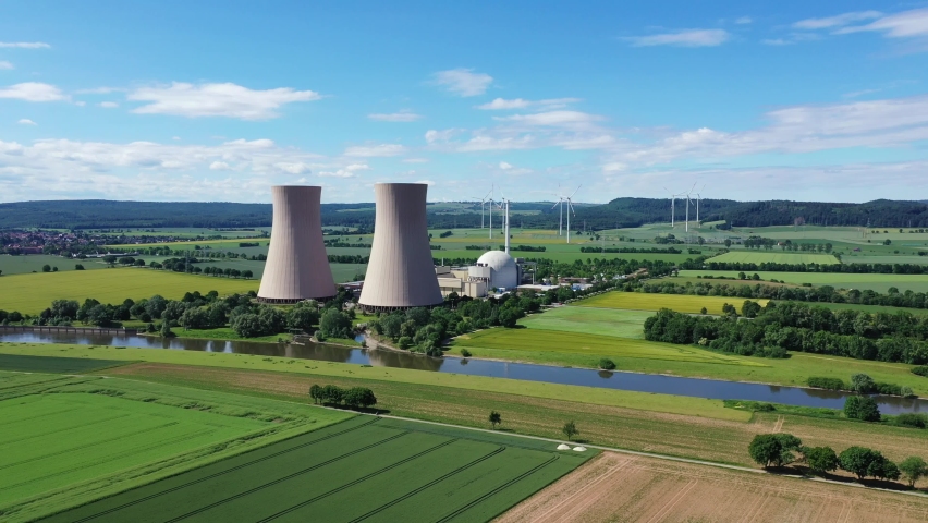 View of drone of nuclear power plant and river Royalty-Free Stock Footage #1091611325