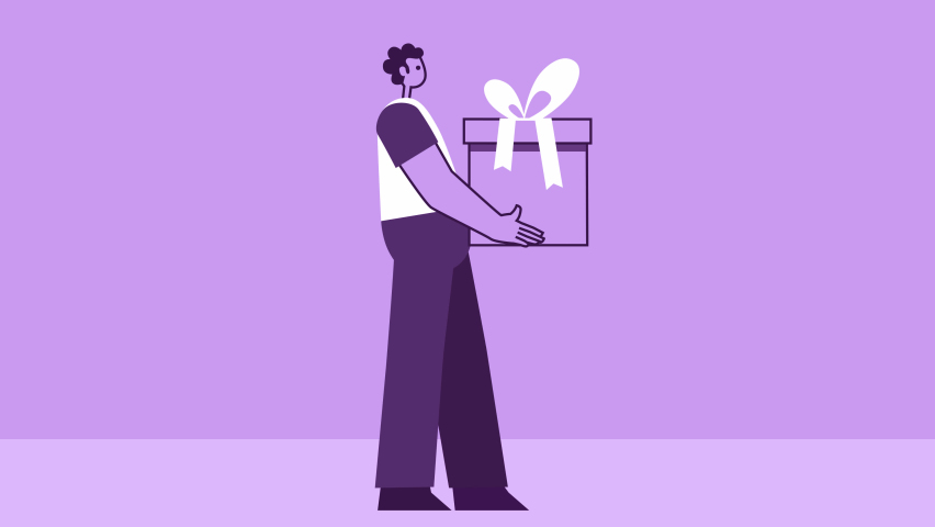 Purple Style Man Flat Character Carries Gift Box. Isolated Loop Animation with Alpha Channel | Shutterstock HD Video #1091611391