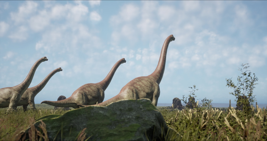 Brachiosaurus herd, sauropod walking in search of food. Jurassic period, Mesozoic era. 3D rendering. High quality 4k footage | Shutterstock HD Video #1091616755