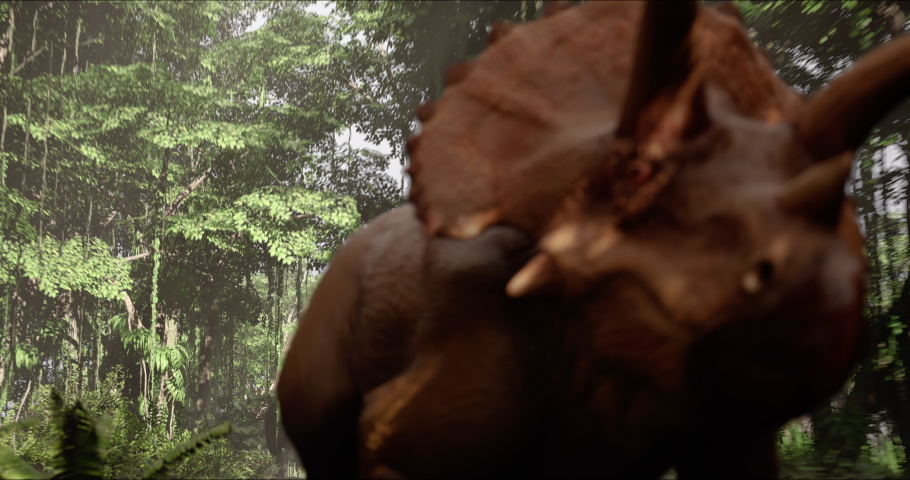 A hungry huge Tyrannosaurus chasing Triceratops in the jungle. Dinosaur on the hunt. T-rex. Jurassic period, Mesozoic era. 3D rendering. High quality 4k footage