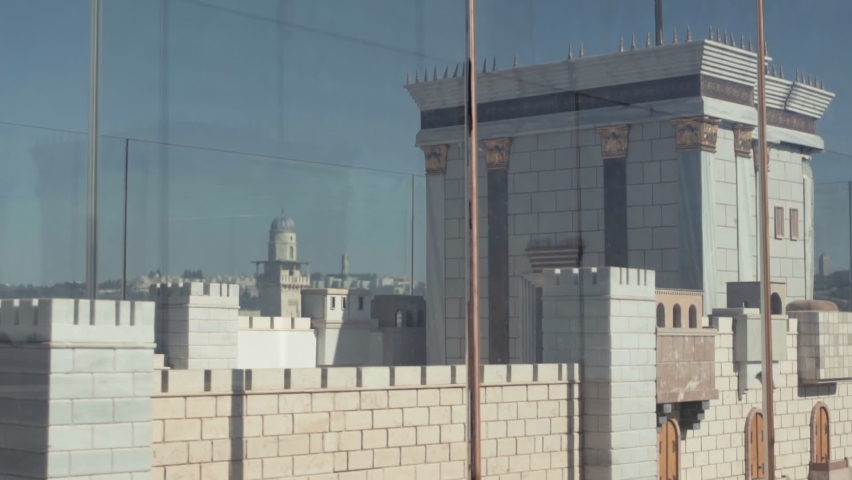 Miniature of the Temple of King Solomon in Jerusalem. The camera moves slowly up. In the background you can see the landscape of the old city of Jerusalem