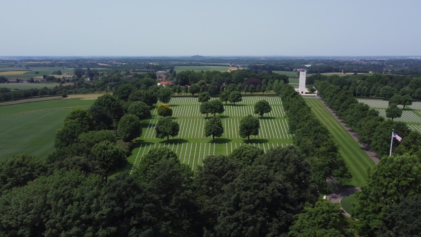 White Crosses at American Military Cemetery in Margraten, Limburg, The Netherlands. Second World War Cemetery, Aerial Left to Right