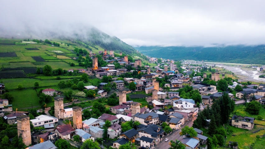 Hyper lapse of Mestia village with typical tower house in Svaneti, Georgia.
