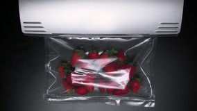 vacuum packaging machine packs strawberries in a plastic bag. High quality FullHD footage