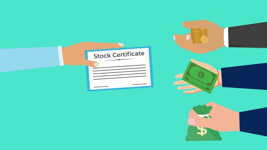 A stock exchange or buy and selling concept 4K animation. Stock market money exchange footage with human hands and certificate. Stock marketing with money sack, money bundle, and gold coins animation. | Shutterstock HD Video #1091619725