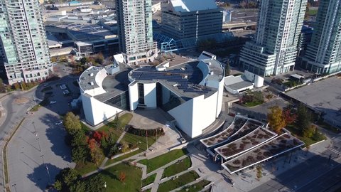 Scaroborough , Ontario , Canada - 11 07 2021: TORONTO, ONTARIO, CANADA - NOVEMBER 7 - Toronto District School Board, Scarborough Civic Centre and Toronto Public Library community facility; aerial dron