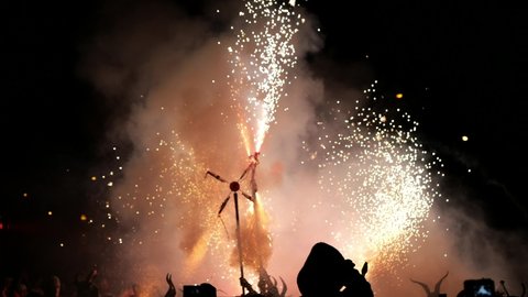Palma de Mallorca, Spain; June 23rd 2022: Crowd of people and fireworks in the night of San Juan 2022 in Palma de Mallorca