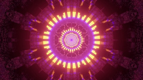 Flying through glowing round abstract neon motion design creating a tunnel