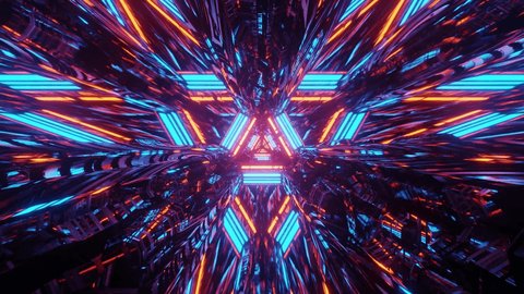 Flying through glowing neon triangles creating a tunnel with reflection vj loop