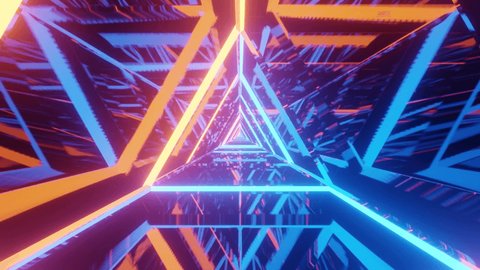 Flying through glowing neon triangles creating a tunnel with grunge reflection