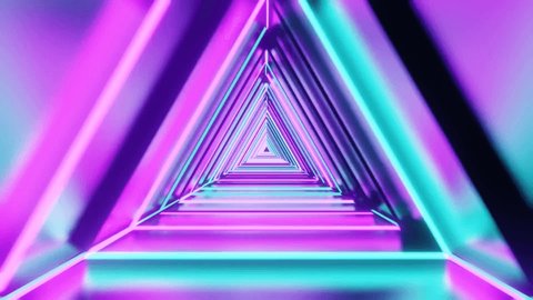 Flying through glowing neon triangles creating a tunnel 