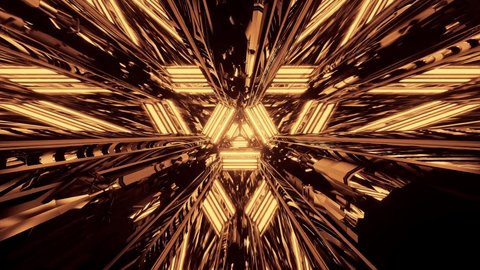 Flying through glowing golden triangles creating a tunnel with grunge reflection.