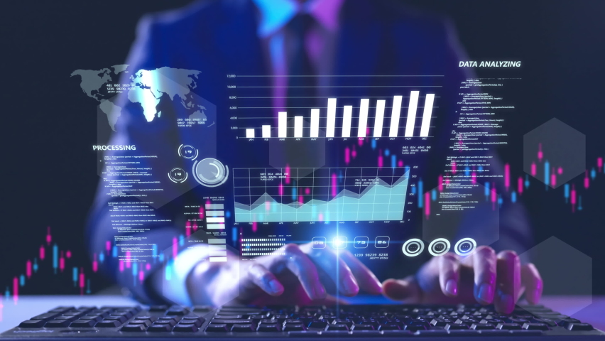 Business finance data analytics graph chart report, man typing on computer keyboard investment data digital GDP marketing KPI sale report, financial management technology, virtual screen metaverse. | Shutterstock HD Video #1091634983