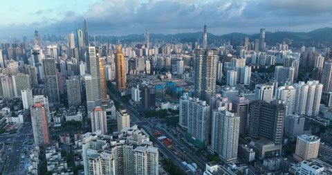 Shenzhen ,China - Circa 2022: Aerial footage of landscape in downtown of shenzhen city, China 