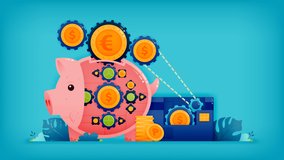 Saving money in piggy bank or banking for easy credit card payments and financial access. Motion graphics video animation for commercial ads, marketing, promotion clip, apps, website, social media