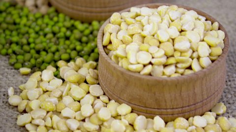 Various types of beans. Green and yellow peas, chickpeas, mung beans