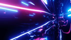 Hi-tech neon sci-fi tunel. Trendy neon glow lines form pattern and construction in mirror tunnel. Beautiful neon tunnel. Fly through technology cyberspace. 3d looped seamless 4k bright youth bg.