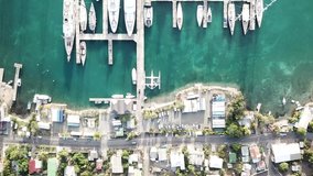 Aerial footage of super yachts moored in Falmouth, Antigua
